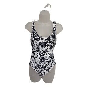 Catalina Floral One Piece Swimsuit Criss Cross Back Black White Size S